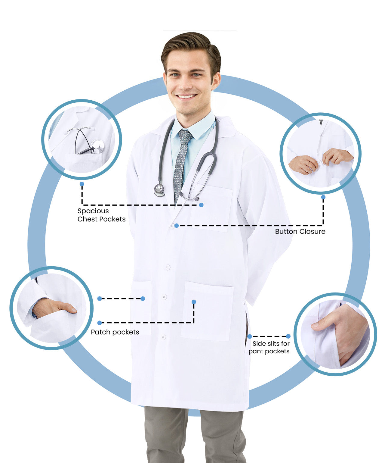 Men`s Professional Long Sleeve Lab Coat with Pockets